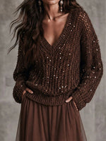 Chic Burgundy Sequin Open-Knit V-Neck Sweater