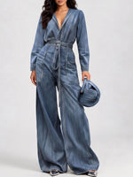 Women's V-neck Long-sleeved Casual Loose-fitting Denim Wide-leg Jumpsuit With Drawstring