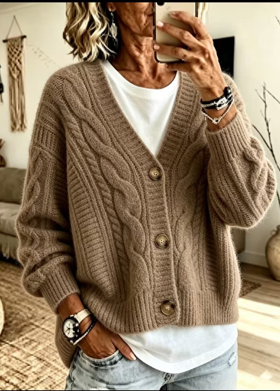 Casual And Cozy Cable-knit V-neck Cardigan