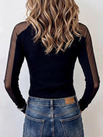 Women's Solid-color Stand-collar Long-sleeve Casual Loose Mesh-panel Top