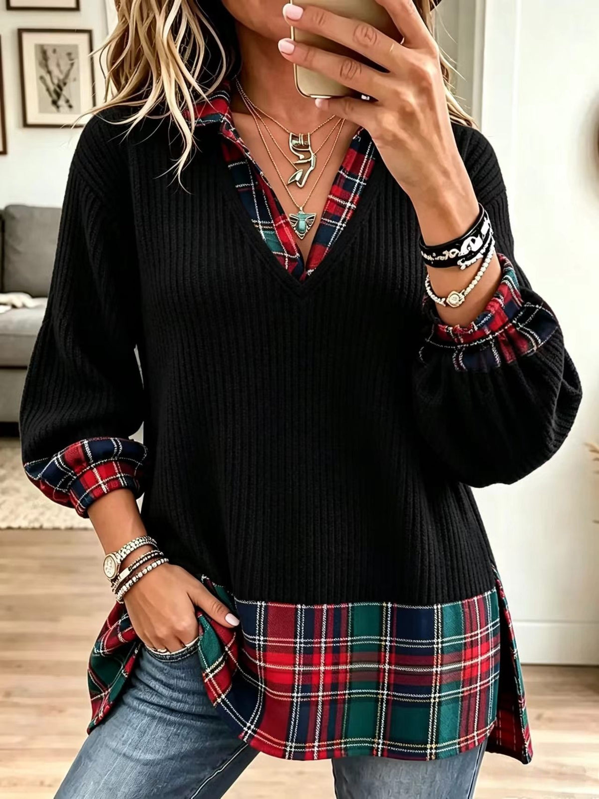 Top in maglia a coste casual con pannelli scozzesi a tema natalizio