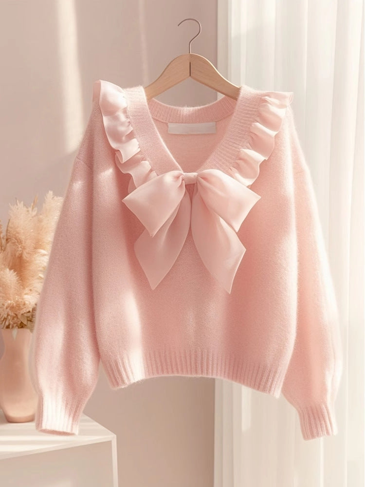 シックなシフォンフリルボウタイニットトップス