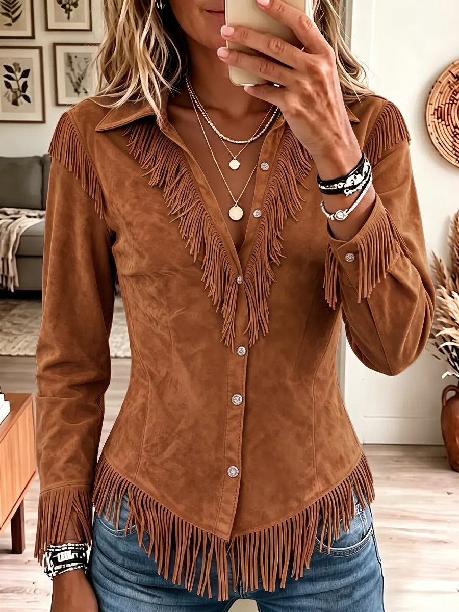 Women's Solid Color Collared Long-sleeved Casual Loose Faux Suede Tassel Shirt