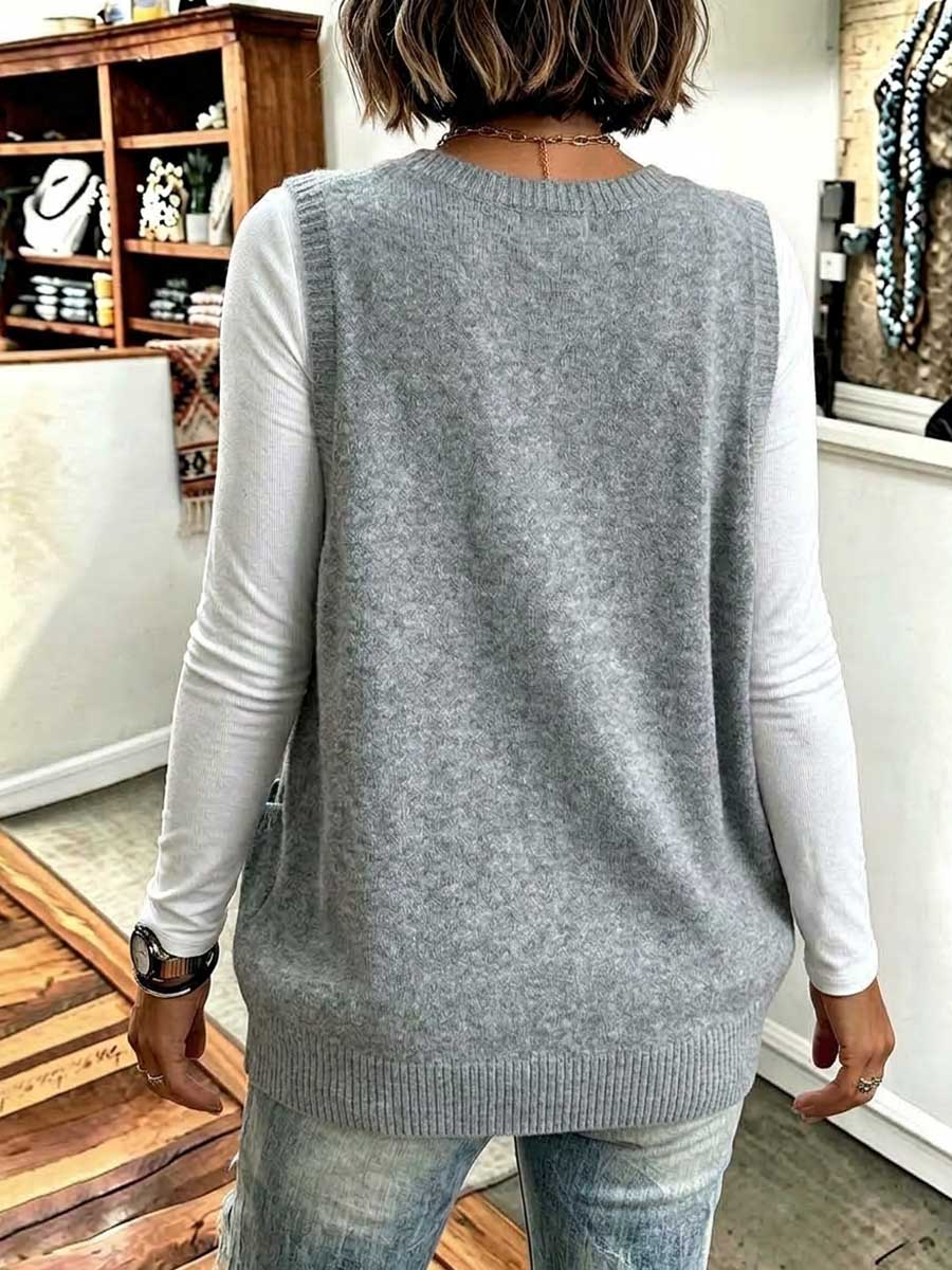 Übergroße Strickpulloverweste für Damen mit V-Ausschnitt und Taschen