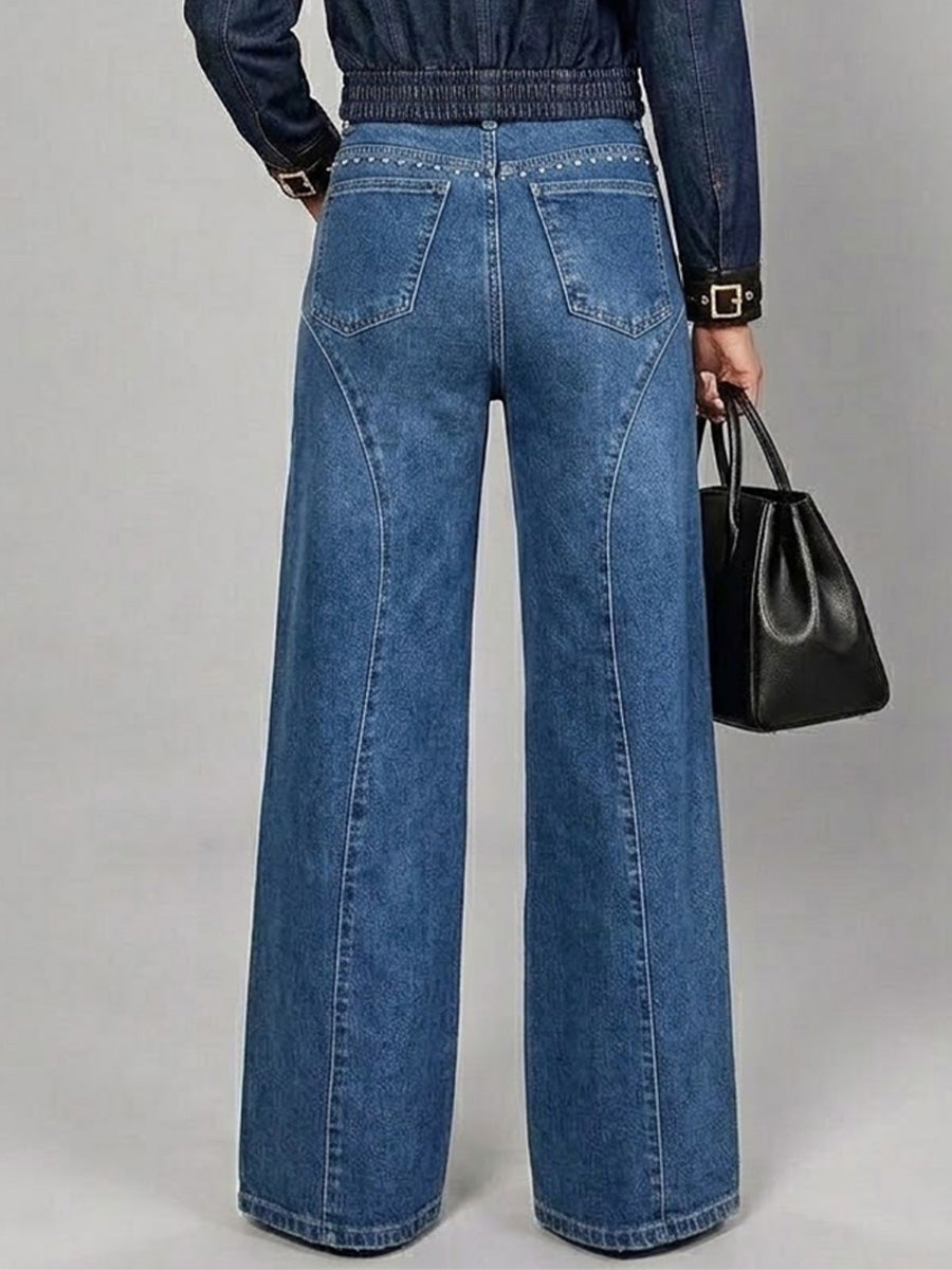 Curved Rhinestone High Waist Wide Leg Jeans