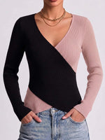 Women's Color-blocked V-neck Long-sleeve Casual Loose Knit Top