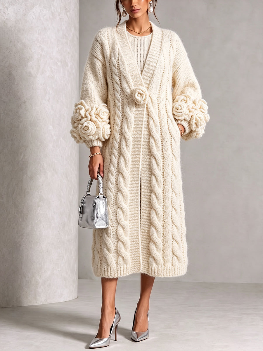 Chic Cream Floral Accented Cable-Knit Cardigan