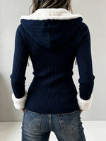 Cozy Faux Fur Trim Hooded Ribbed Knit Top