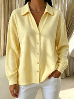 Chic Cozy Yellow Waffle-knit Button-up Shirt