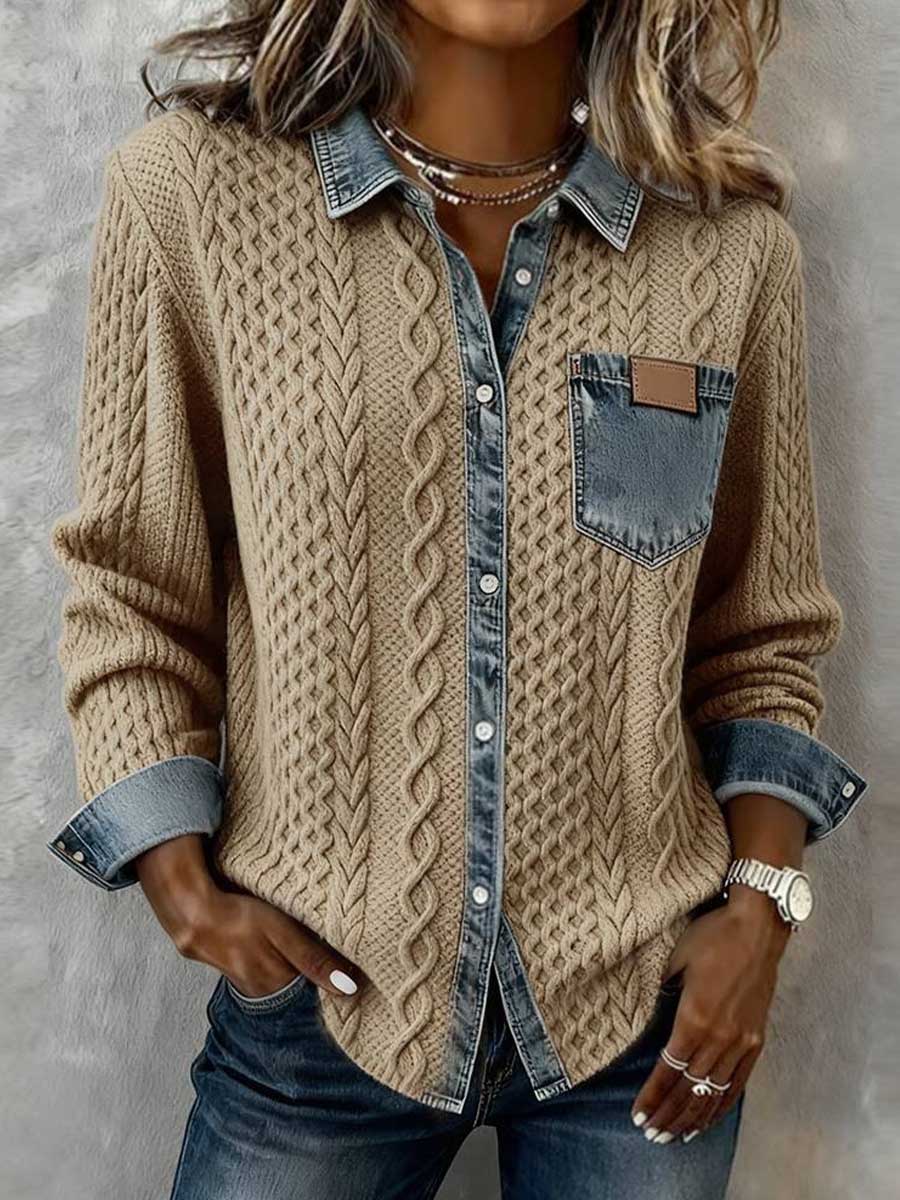 Suéter con botones y patchwork de mezclilla tejido de cable para mujer