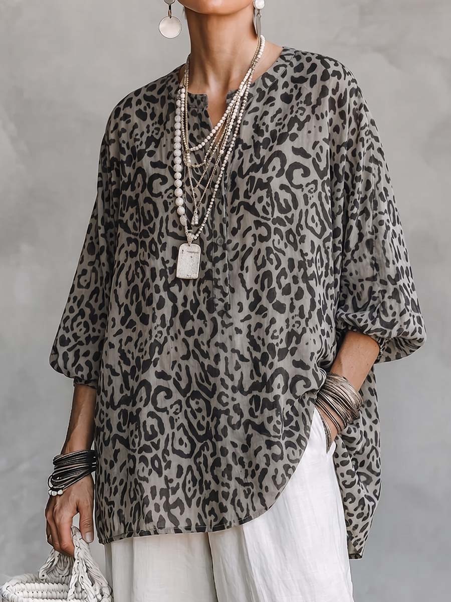 Women's Abstract Print Crew Neck 3/4 Sleeve Casual Loose Cotton Linen Top