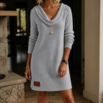 Cowl-Neck Ribbed Knit Sweater Dress
