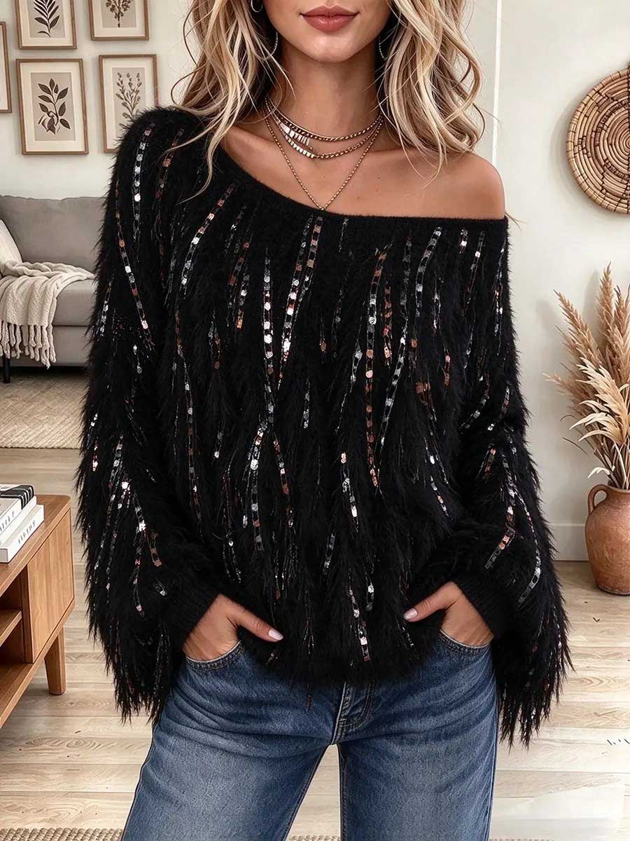 Maglione da donna decorato con soffici paillettes monospalla