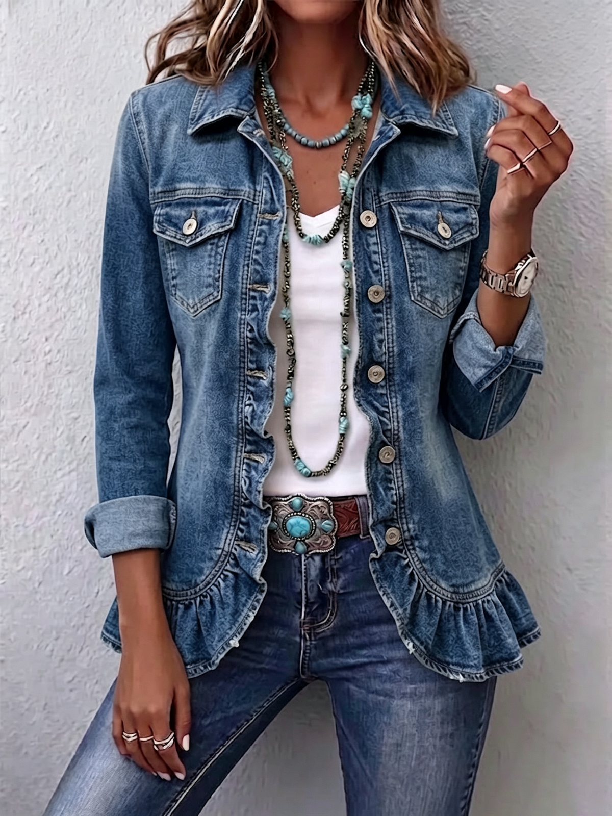 Ruffle Washed Denim Jacket