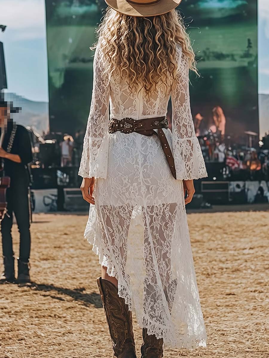Vestido largo bohemio de encaje blanco con cuello en V profundo y alto-bajo (cinturón no incluido)