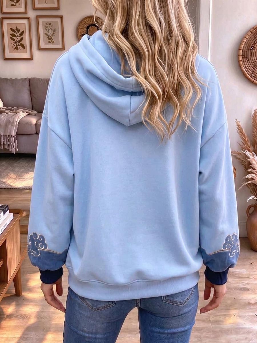 Light Blue Pullover Hoodie With Vintage Embroidery And Tassels