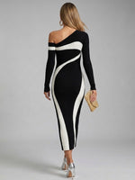 Elegant One-shoulder Black And White Color-block Ribbed Knit Midi Dress