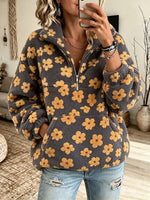 Lässiges, florales Fleece-Sweatshirt mit halbem Reißverschluss