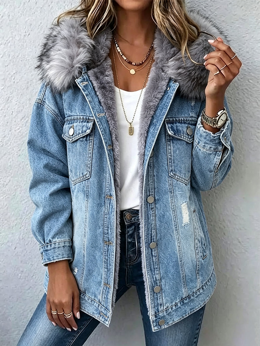 Casual, Warm, Distressed Denim Jacket With A Faux-fur Lining And Hood.