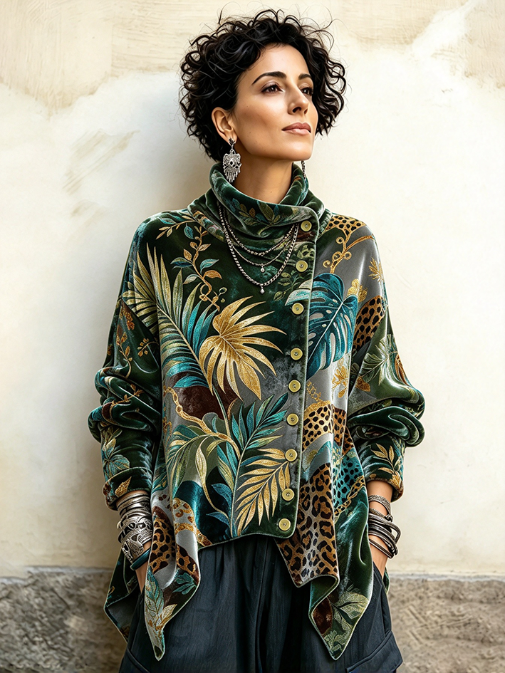 Ŝika Tropika Palmo Kaj Leoparda Presaĵo Nesimetria Turtleneck Top