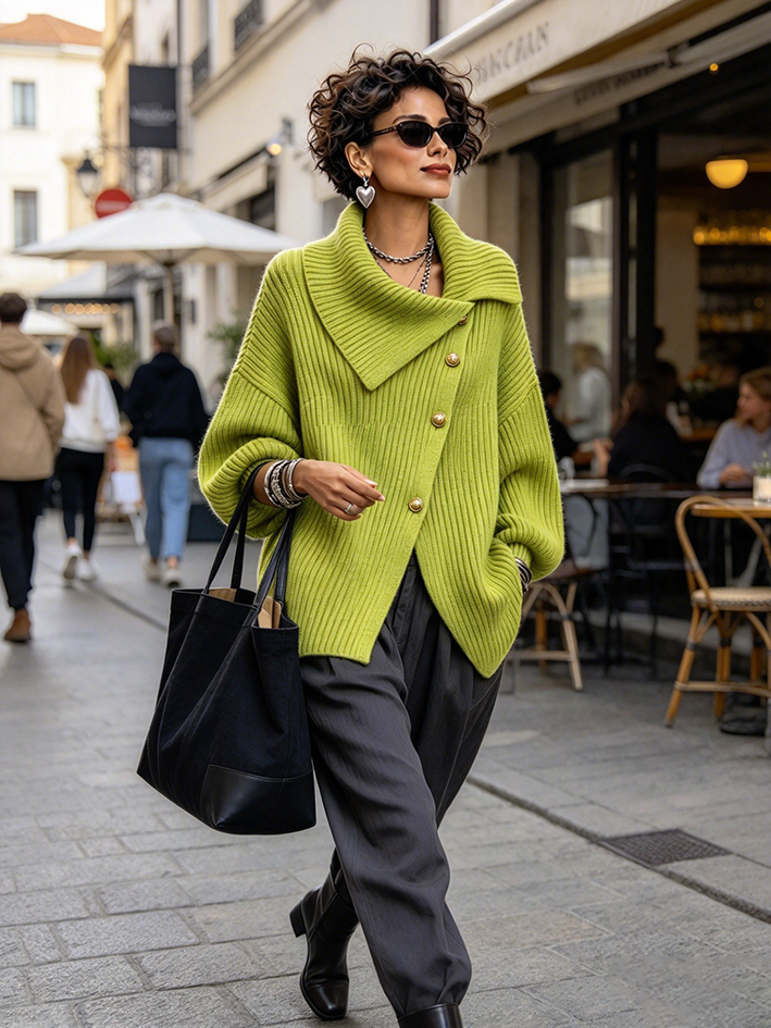 Ŝika Malsimetria Butona Turtleneck Svetero