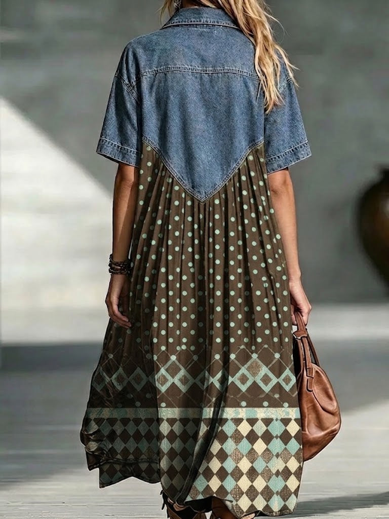 Denim Spliced Polka Dot Argyle Print Shirt Midi Dress