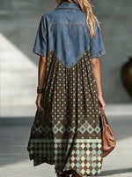 Denim Spliced Polka Dot Argyle Print Shirt Midi Dress