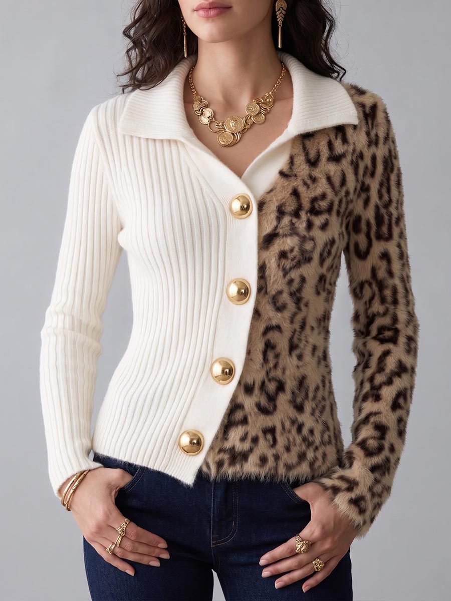 Cárdigan de mujer de punto de canalé bicolor y estampado de leopardo