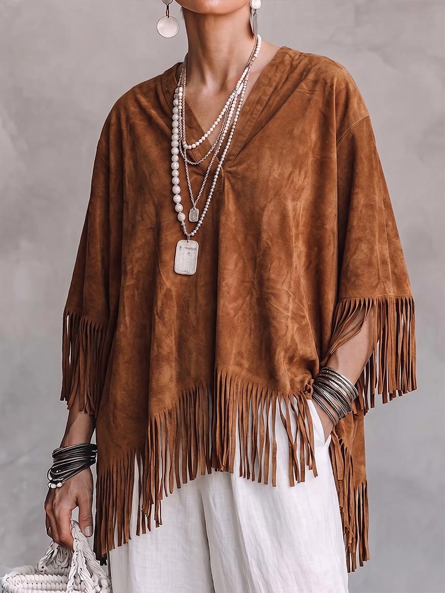 Women's Solid Color V-neck 3/4 Sleeve Casual Loose Faux Suede Tassel Cape Top