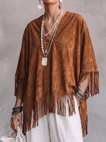 Women's Solid Color V-neck 3/4 Sleeve Casual Loose Faux Suede Tassel Cape Top