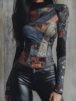 Women's Vintage Patchwork Print Long-sleeve Fitted Turtleneck Base Layer