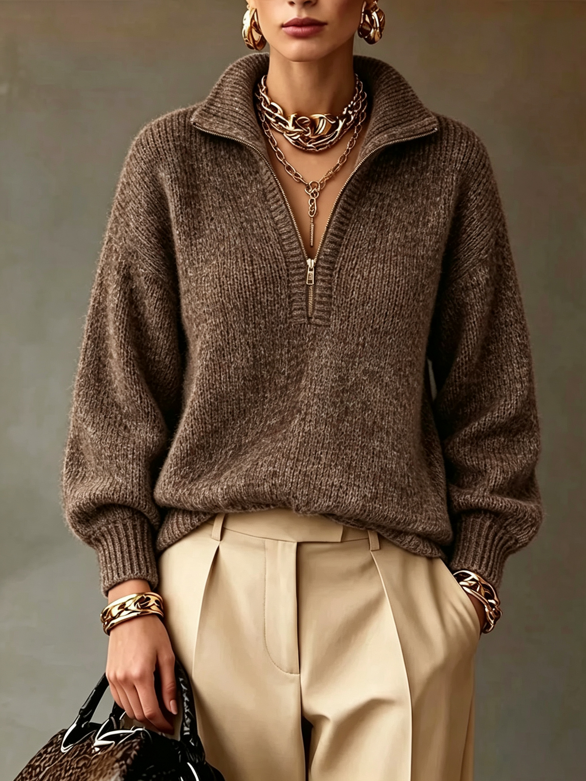 Half Zip Collar Relaxed Knit Sweater