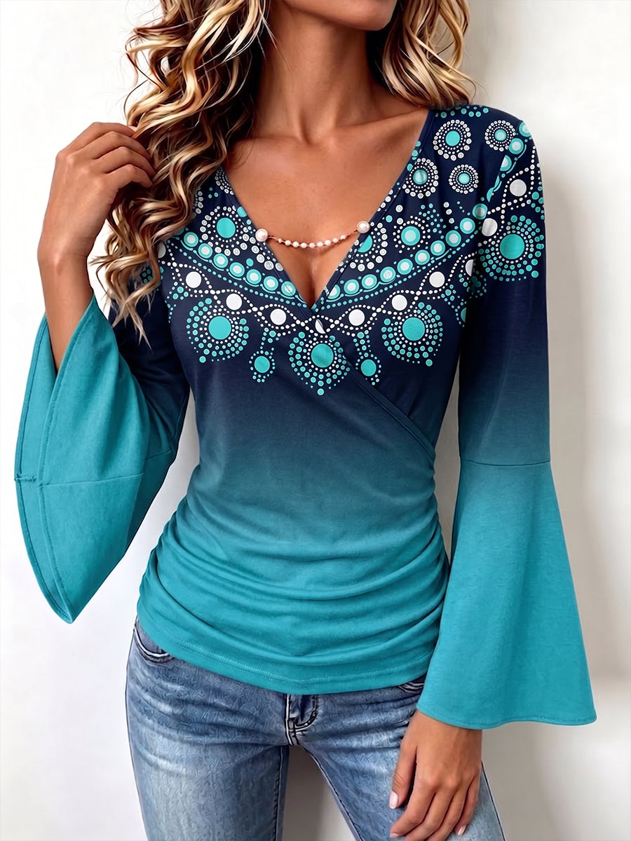 Bohemian Ombre Mandala Print Bell Sleeve Top