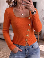 Orange gestrickter asymmetrischer Knopfpullover mit quadratischem Ausschnitt für Damen