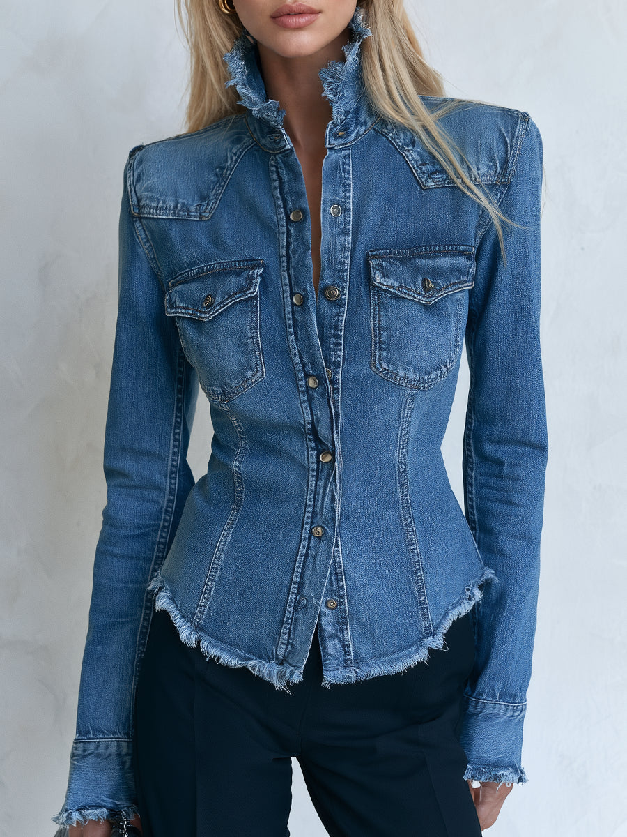 Neformala Frayed-randa Denim Ĉemizo