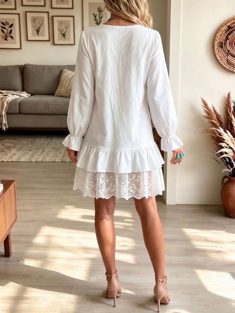 Vestido con cuello en V, mangas farol, aplicaciones de encaje y volantes