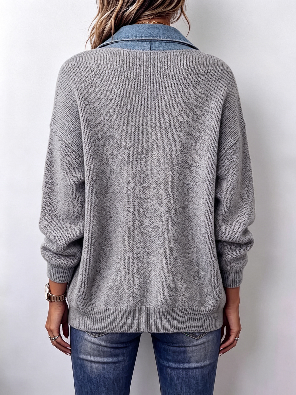 Cozy And Stylish Denim-trimmed Knit Jacket