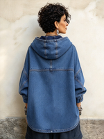 Malstreĉita Oversized Denim Asimetria Butona Kapuĉa Jako