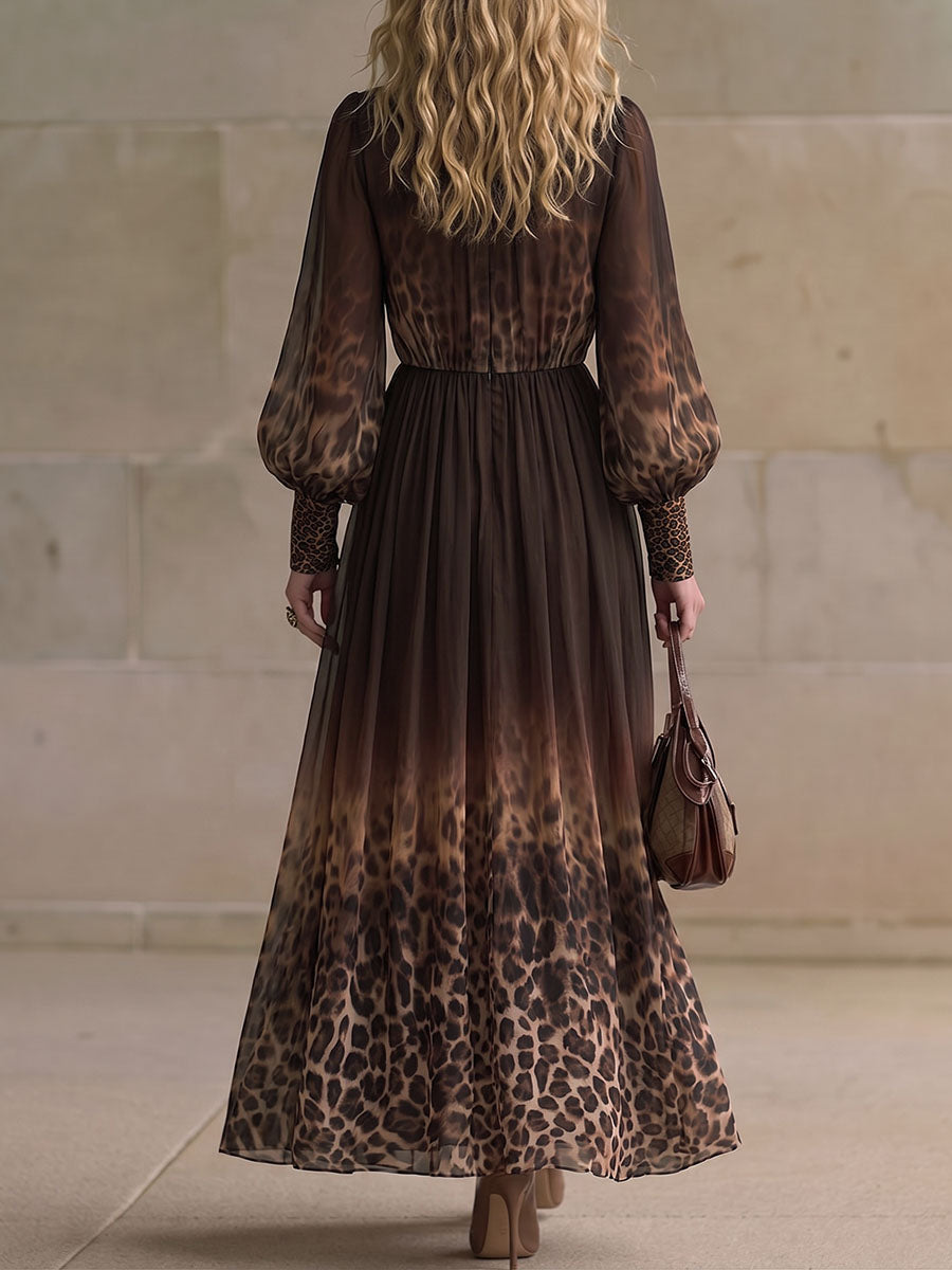 Women's Leopard Print Stand Collar Long Sleeve Casual Loose Chiffon Dress