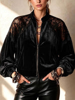 Women's solid color stand collar long-sleeved casual loose velvet patchwork lace coat