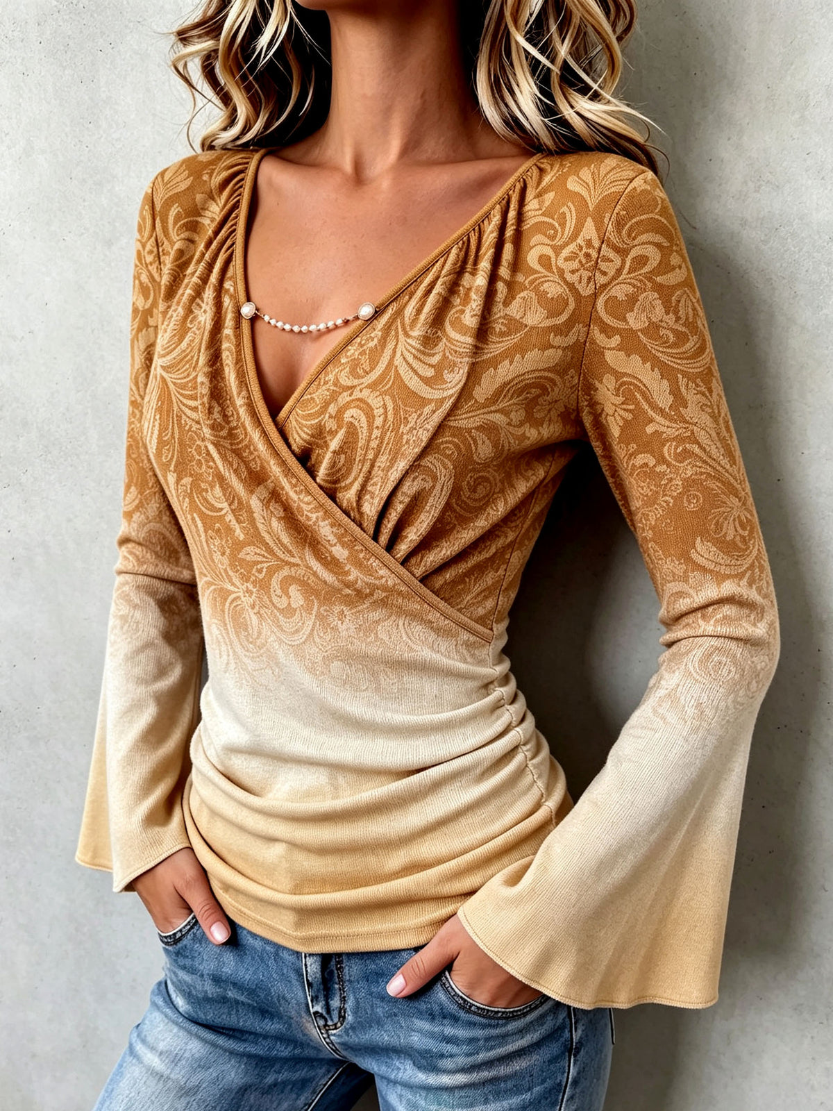 Boho Ombre Paisley Stretchy Bell Sleeves Blouse