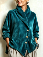 Chic Teal Corduroy Shawl Collar Asymmetric Cut Top