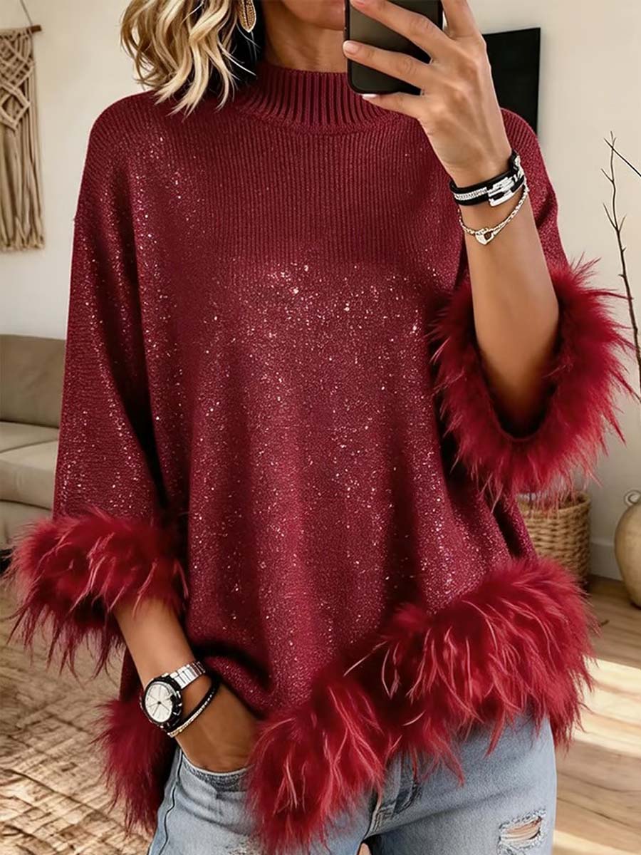Virina Glamorous Burgundy Sparkle Knit Top With Faux Fur Trim