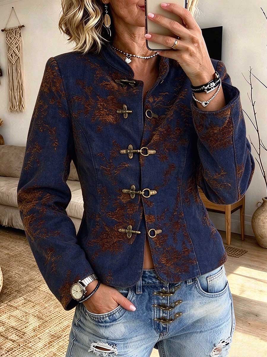 Vintage-Jacquard-Jacke mit Mandarinkragen und Blumenmuster und Knebelverschlüssen aus Metall