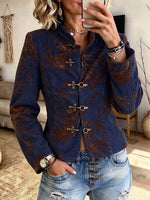 Vintage-Jacquard-Jacke mit Mandarinkragen und Blumenmuster und Knebelverschlüssen aus Metall