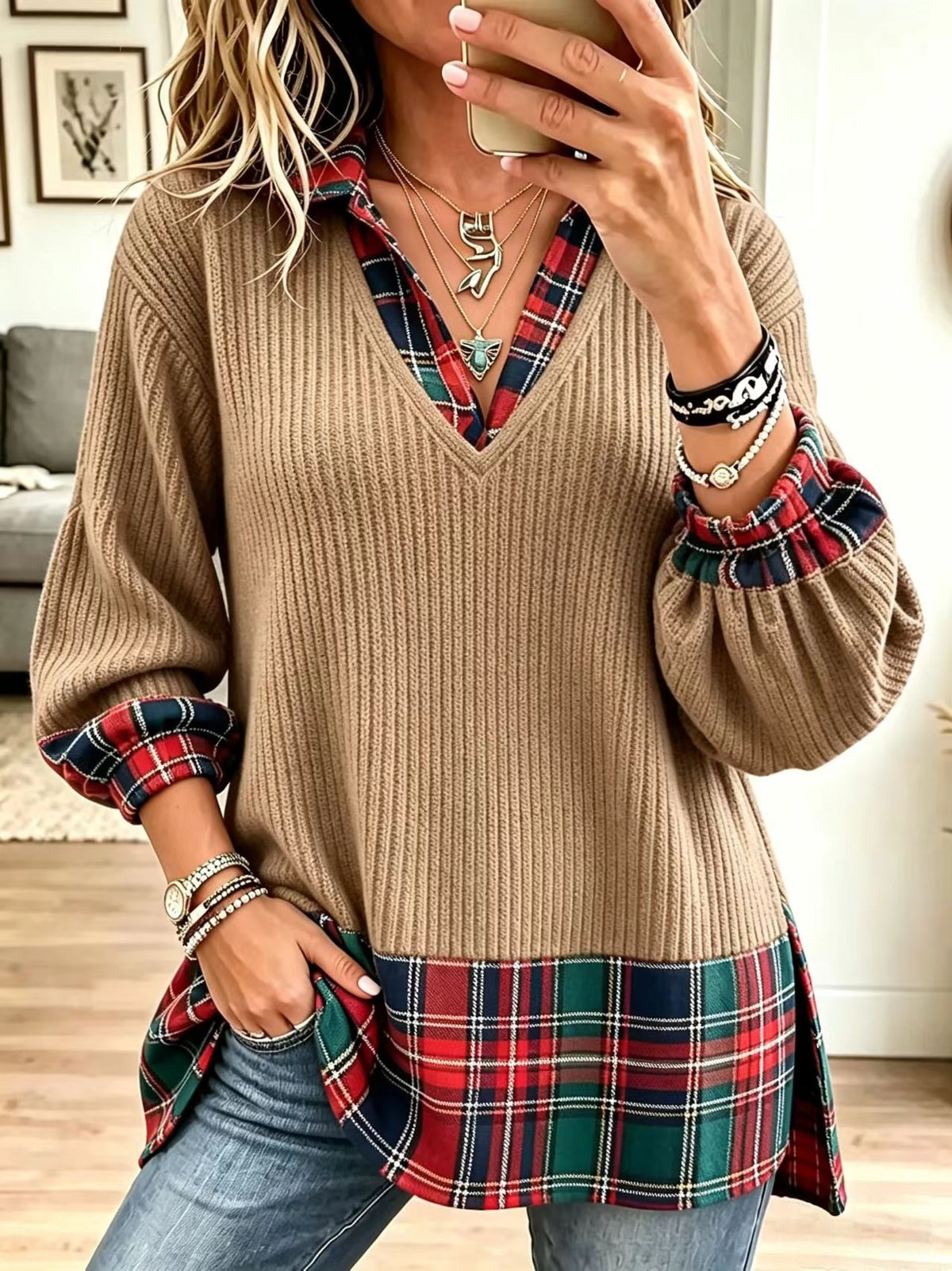 Top in maglia a coste casual con pannelli scozzesi a tema natalizio