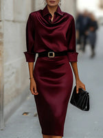 Women's Solid Color Satin Dress – Shirt Collar 3/4 Sleeves Casual Loose Fit