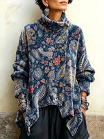 Hochgeschlossenes Samtoberteil mit Vintage-Blumen-Paisley-Print und asymmetrischer Knopfleiste vorne