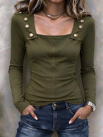 Women's Olive Green Square Neck Button Detail Long Sleeve Top