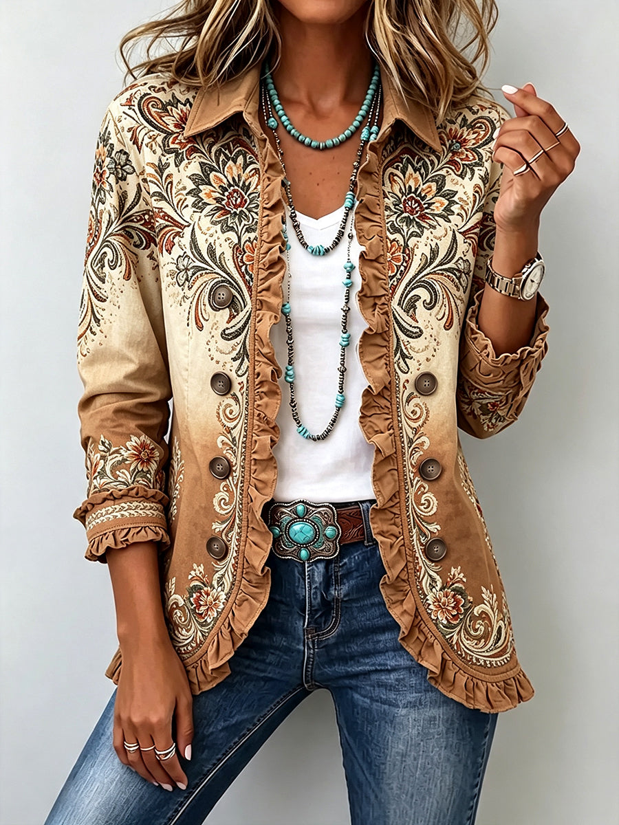 Vintage-Inspired Paisley Print Ruffle Cotton Linen Jacket